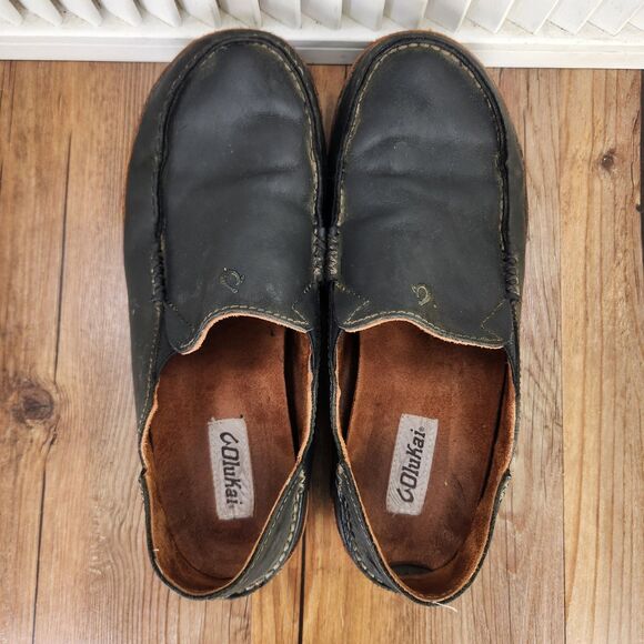Olukai Moloa Loafer Mens Sz 10.5 Black Leather Convertible Slip On Moc Toe Shoes